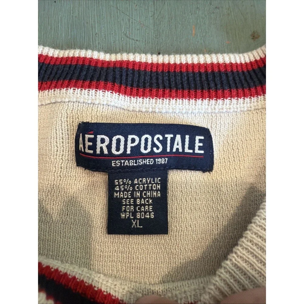 Aeropostale Y2K Striped Ribbed Knit Sweater Cream Navy Red XL